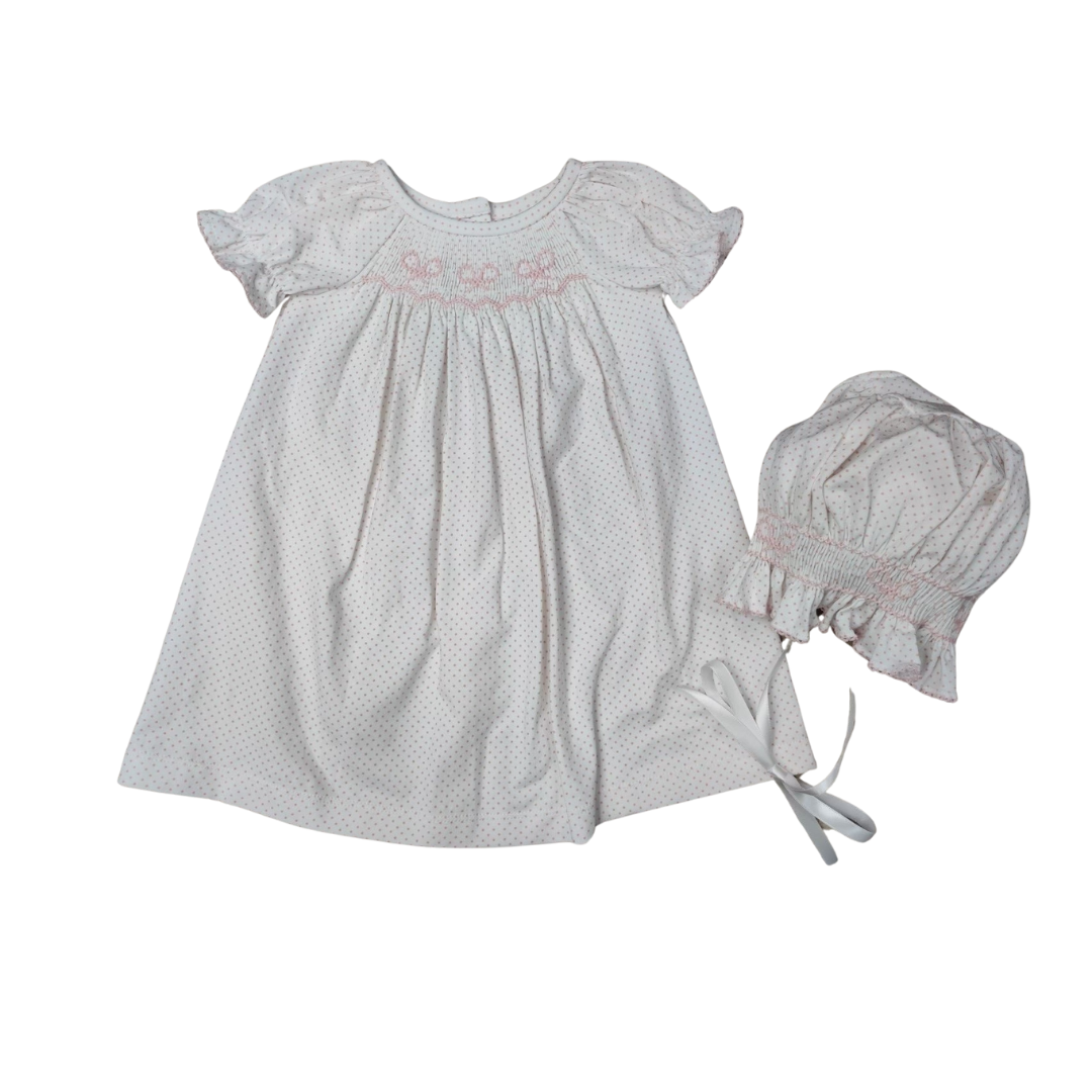 Pink Dot Smocked Bow Day Gown & Bonnet