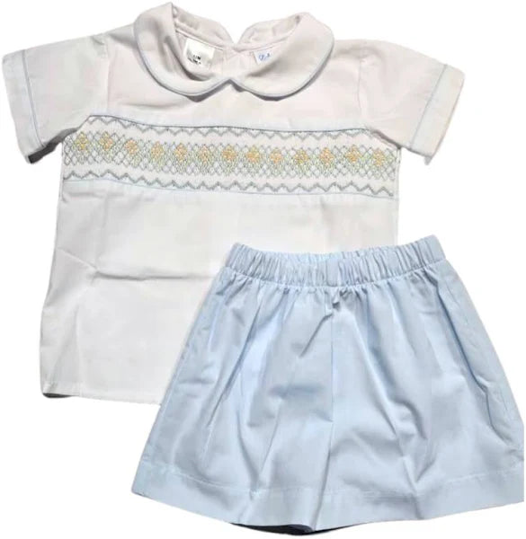 Lt Blue and White Geo Smocked Short Set
