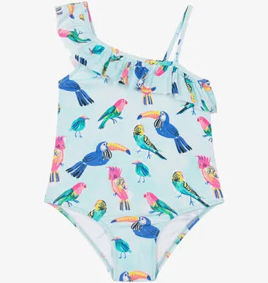 Tropical Birds Ruffle Trim Swimsuit