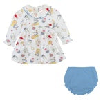 Tea Party Print Dress w/ Ruffled Collar