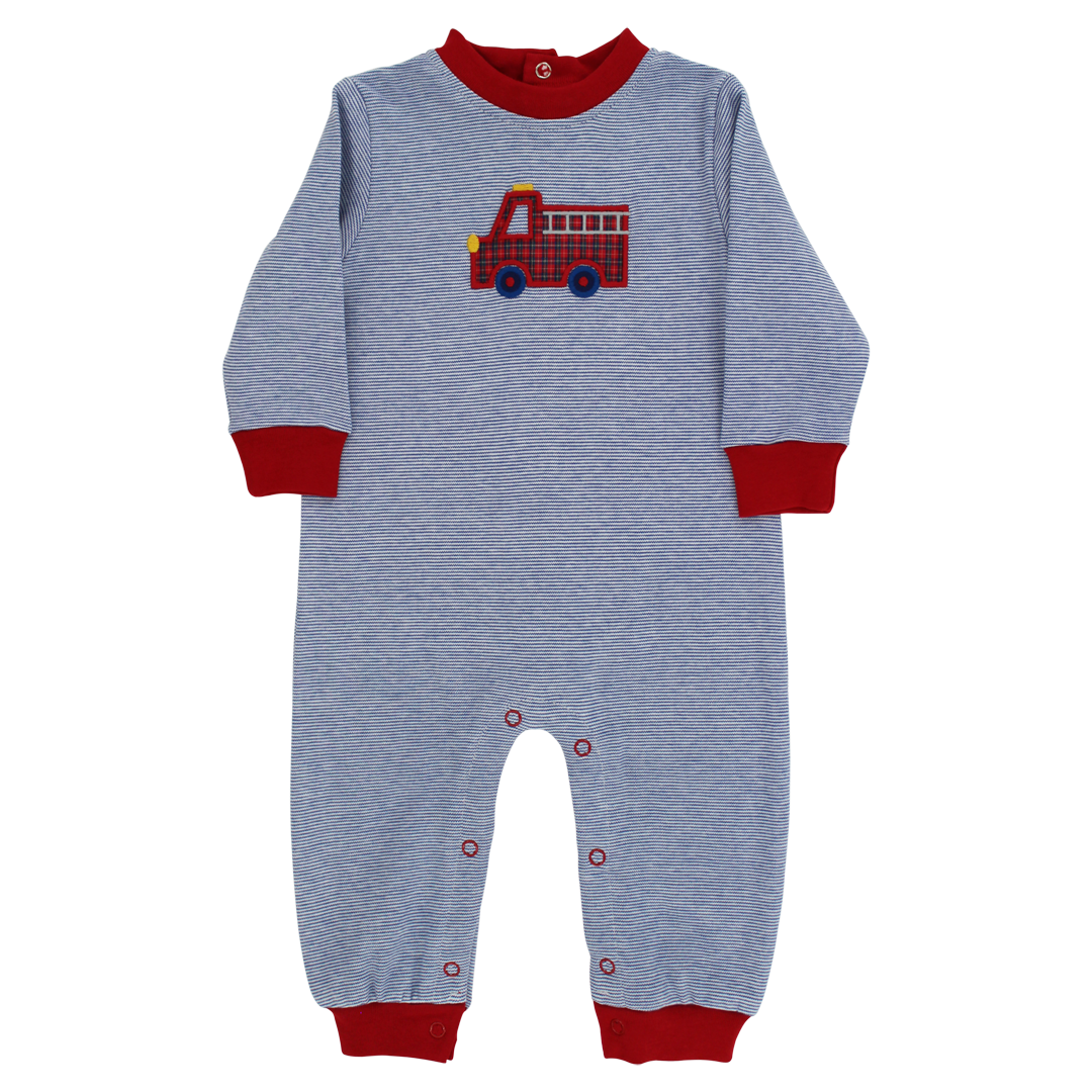 Firetruck Knit Romper Blue Stripe