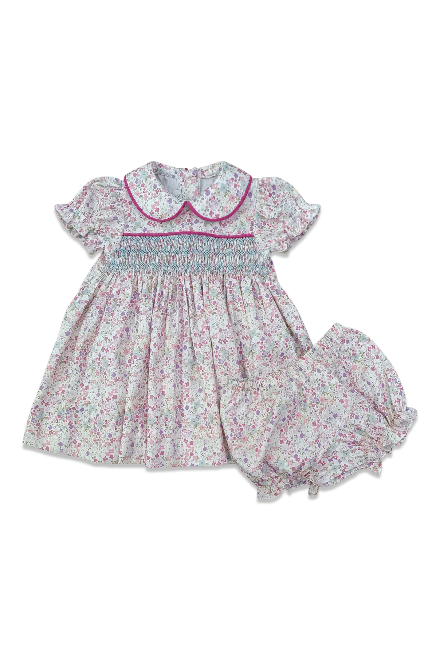 Smocked Day Dress & Bloomer Set Pink & Blue Aster Floral