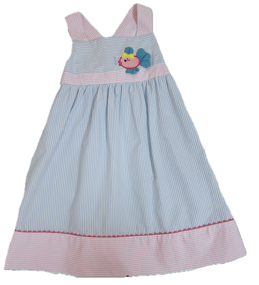 Blue & Pink Seersucker Dress with Fish Applique