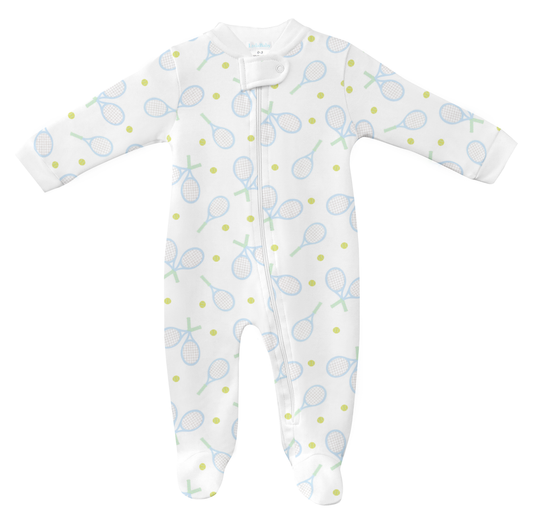 Blue Tennis Print Zipper Footie