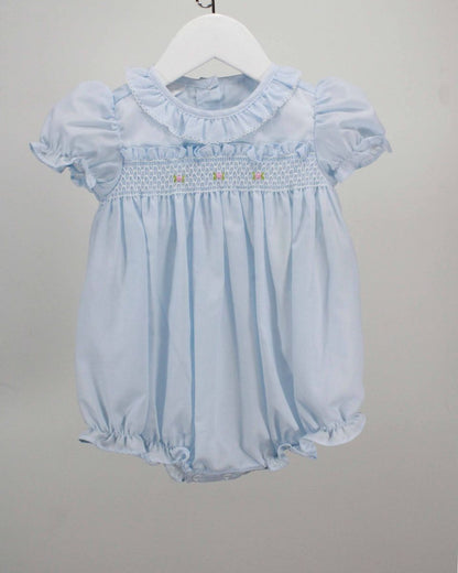 Light Blue Ruffle Bubble w/Smocked Flowers