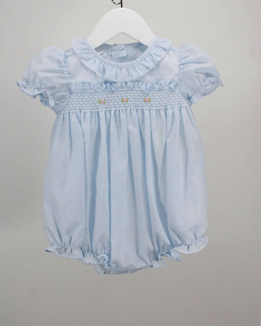 Light Blue Ruffle Bubble w/Smocked Flowers