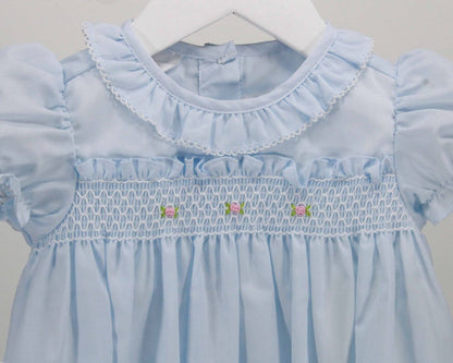 Light Blue Ruffle Bubble w/Smocked Flowers