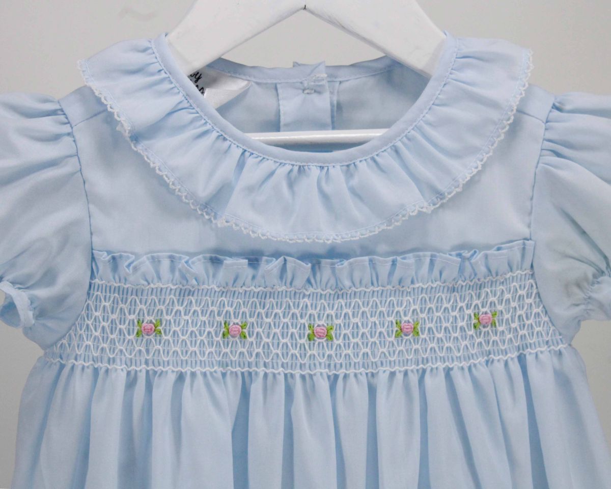 Light Blue Ruffle Dress w/Smocked Flowers