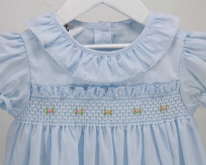 Light Blue Ruffle Dress w/Smocked Flowers