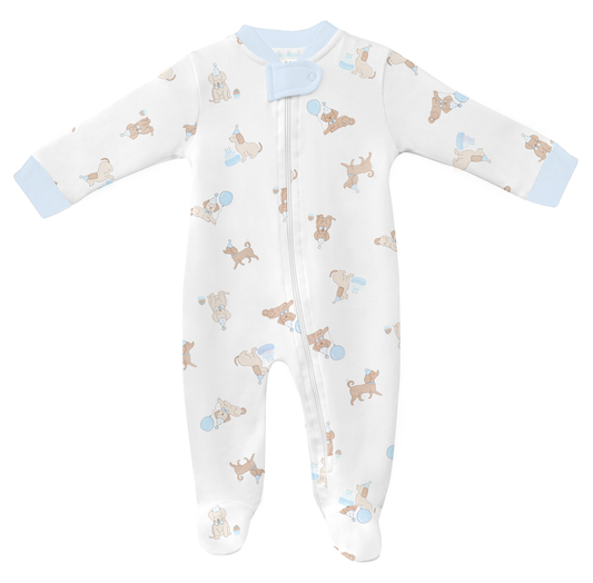 Blue Birthday Puppy Zip Footie