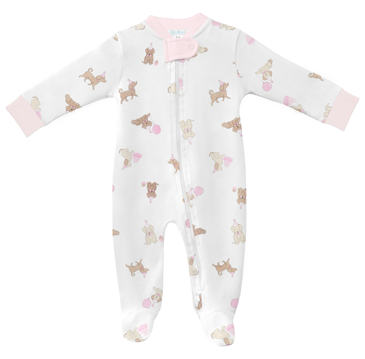 Pink Birthday Puppy Zip Footie