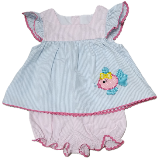 Pink and Blue Fish Applique Baby girl diaper set