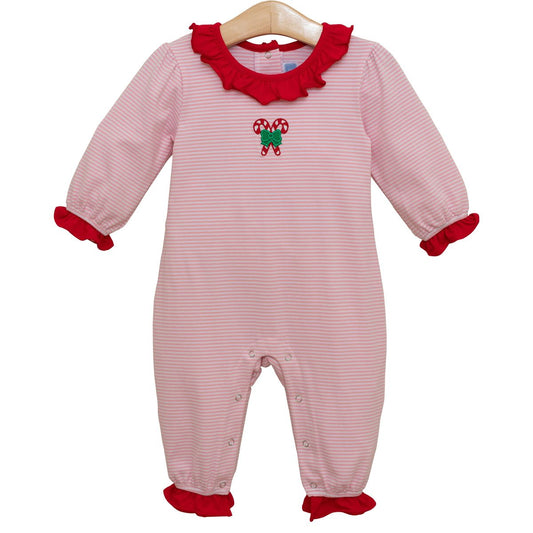 Candy Cane Embroidery Ruffle Romper