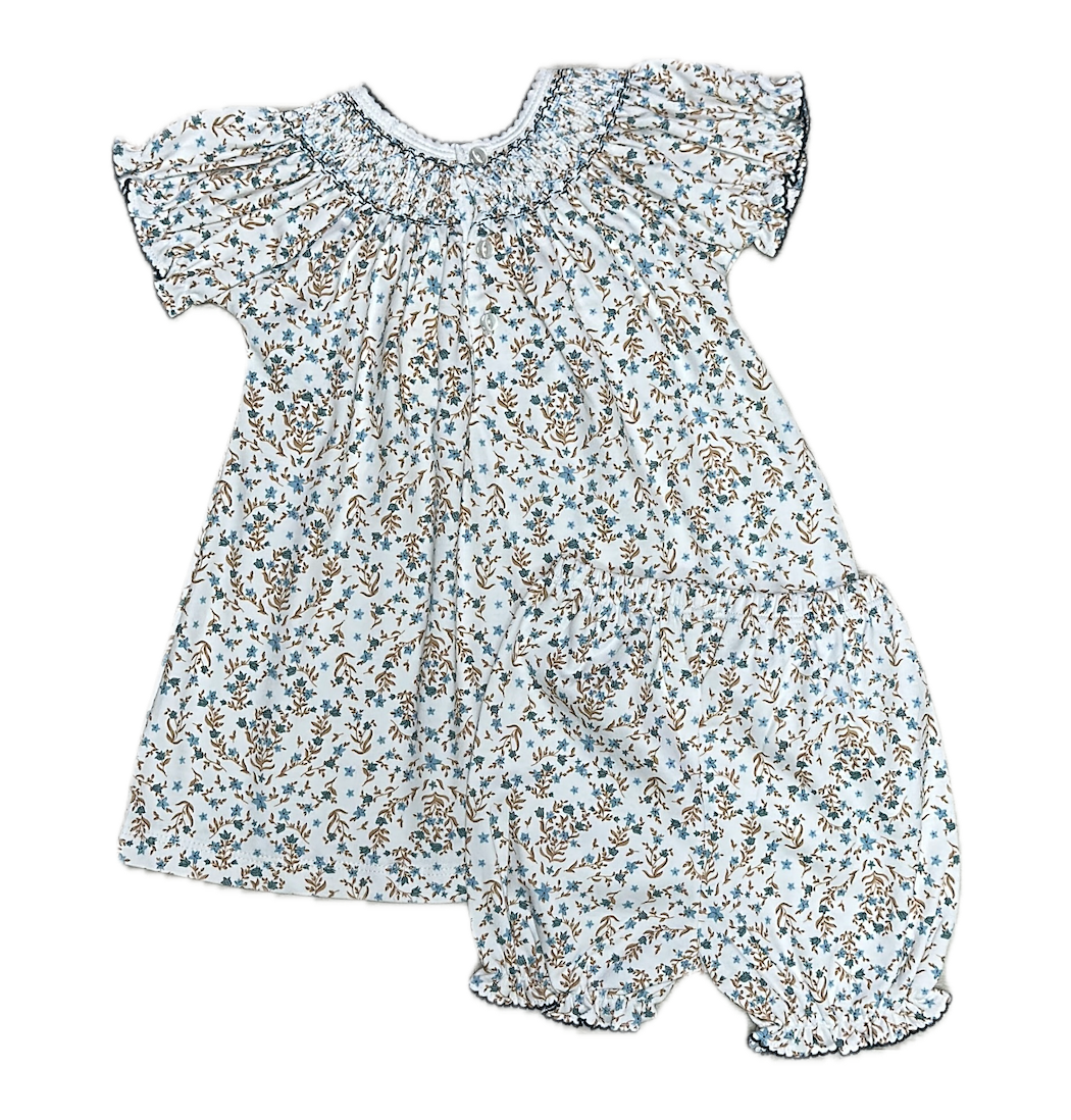 Blue Floral Hand Smocked Girls Bishop