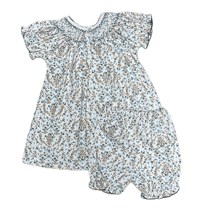 Blue Floral Hand Smocked Girls Bishop