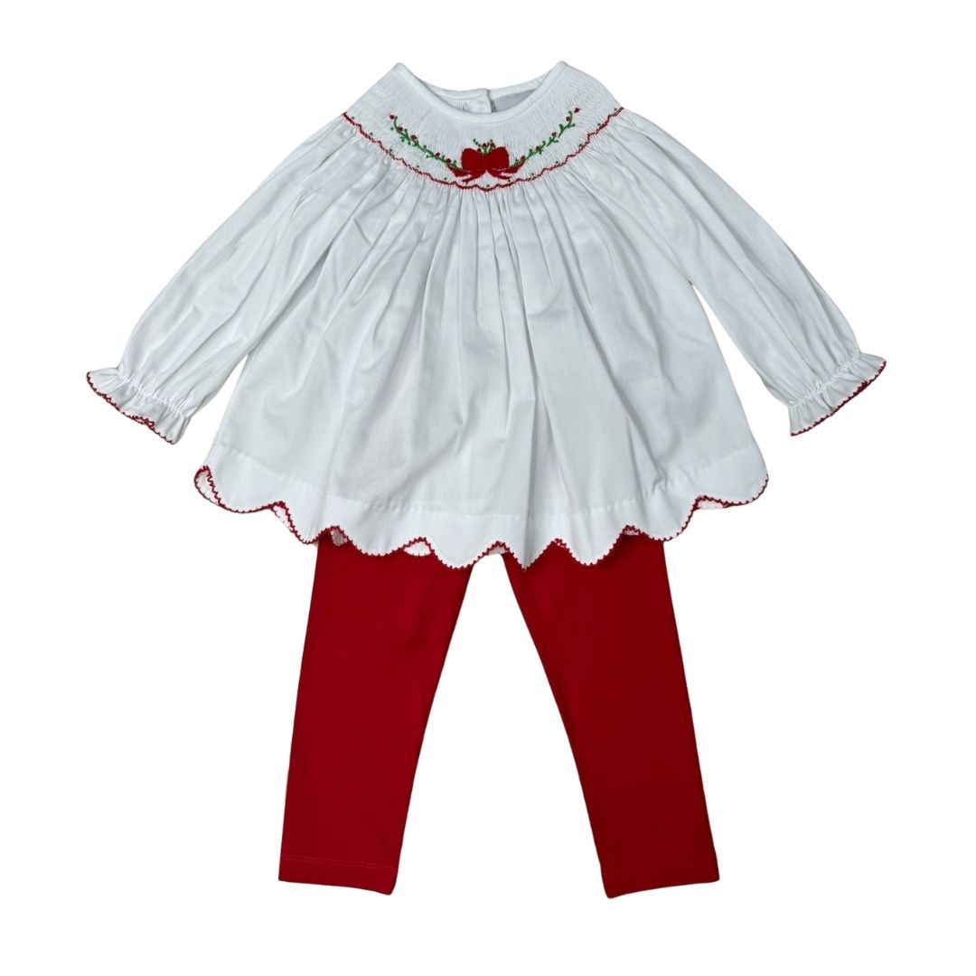 Girls White Long Sleeve Smocked Christmas Bow Top/Red Legging