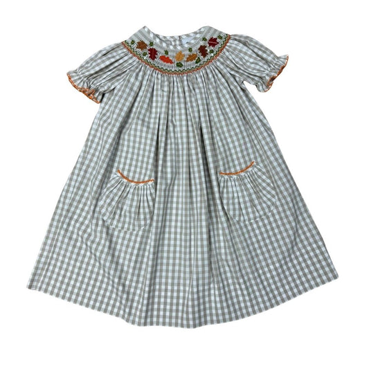 Girls Tan Gingham Short Sleeve Smocked Fall Leaf Bishop Dress