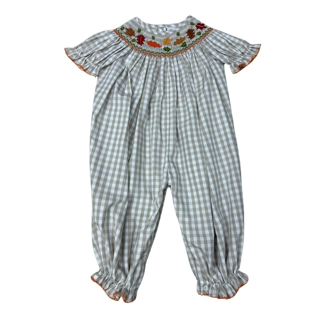 Girls Tan Gingham Short Sleeve Smocked Fall Leaf Bishop Long Romper