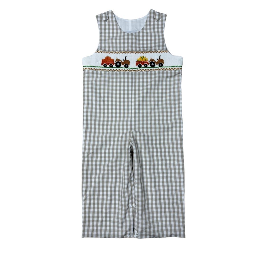 Boys Tan Gingham Smocked Field Tractor Long Jon Jon