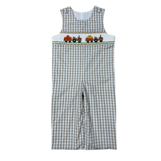 Boys Tan Gingham Smocked Field Tractor Long Jon Jon