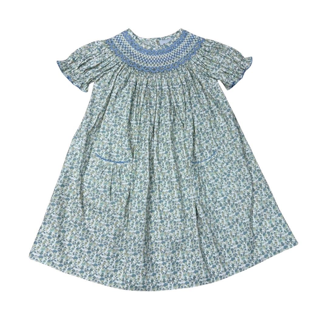 Girls Blue/Tan Mini Floral Smocked Geo SS Bishop Dress