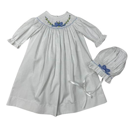 Smocked Blue Bow Daygown & Bonnet