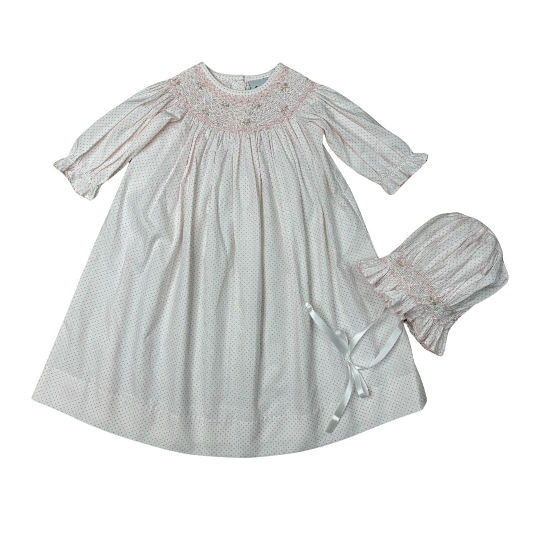 Mini Pink Dot Geo Floral Smocked Long Sleeve Daygown & Bonnet