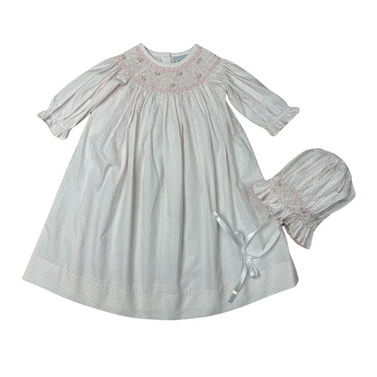 Mini Pink Dot Geo Floral Smocked Long Sleeve Daygown & Bonnet