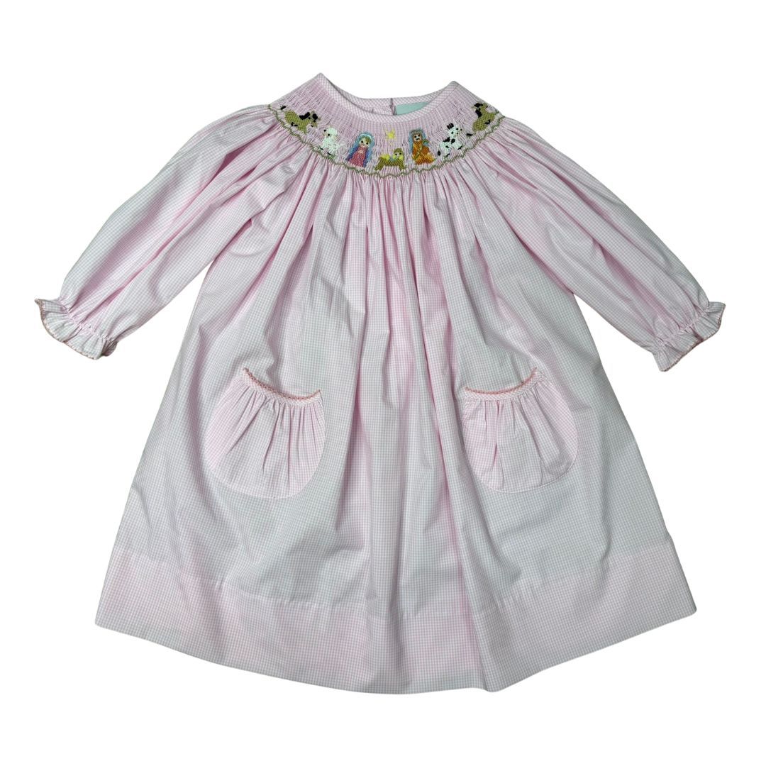 Girls Long Sleeve Pink Small Gingham Smocked Nativity Bishop Dress