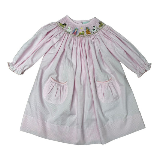 Girls Long Sleeve Pink Small Gingham Smocked Nativity Bishop Dress