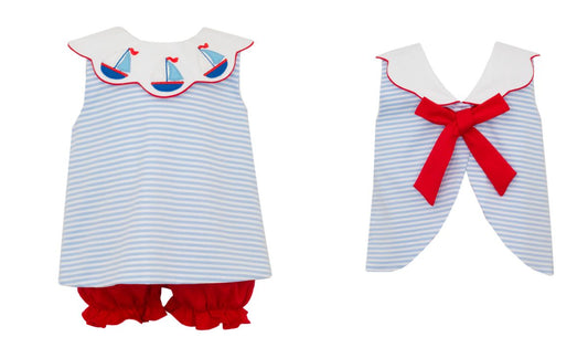 Sailboats Blue Stripe Bloomer set w/ Scalloped Collar