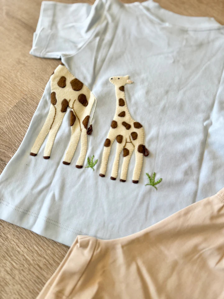 Blue Giraffe T-Shirt & Tan Stripe Short Set