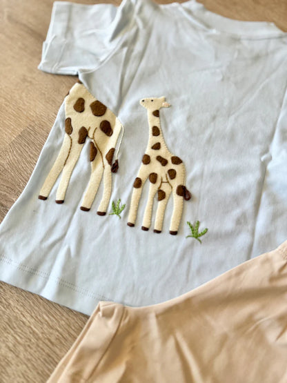 Blue Giraffe T-Shirt & Tan Stripe Short Set