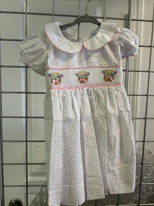 Polka Dot Smocked Collared Dress w/Flower Basket