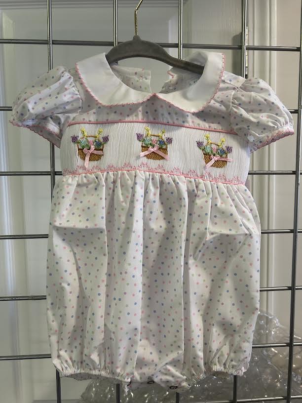 Polka Dot Smocked Bubble w/Flower Basket