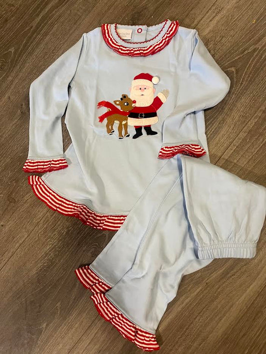 Girls Rudolph & Santa Ruffle Shirt with Red Stripe Pants Set