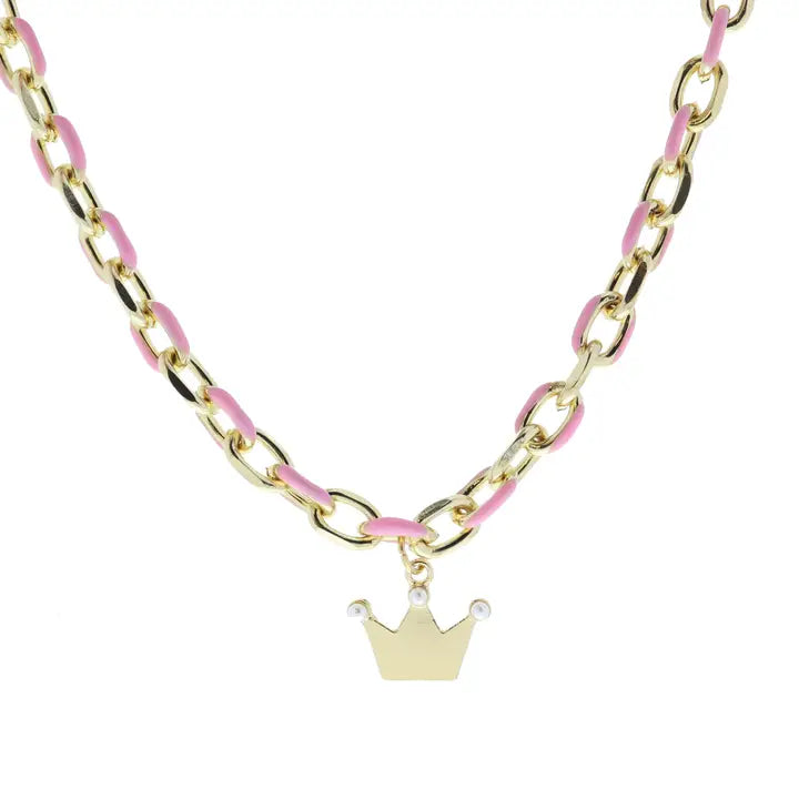 Kids Hot Pink Chain & Ballerina with Crown Necklace