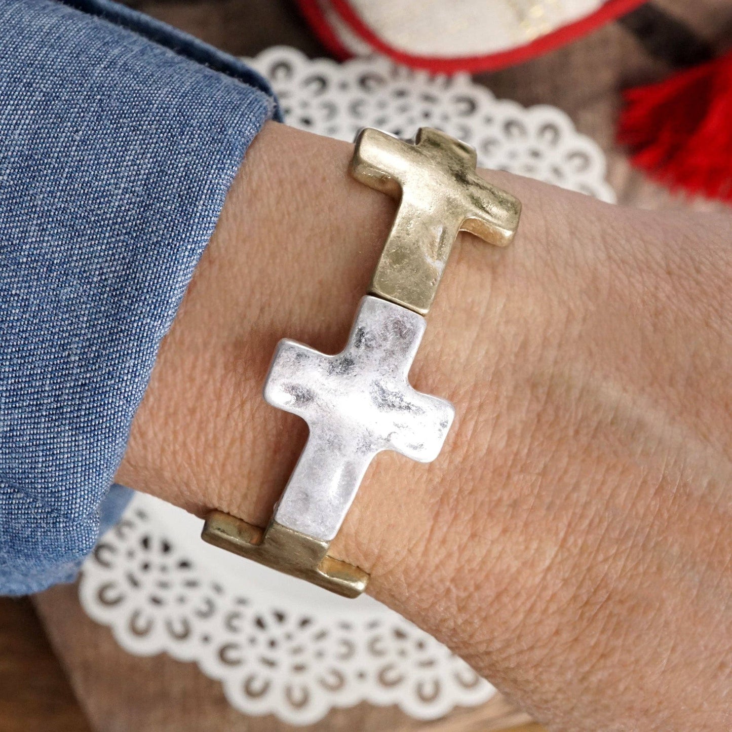 Hammered Sideways Cross Bracelet