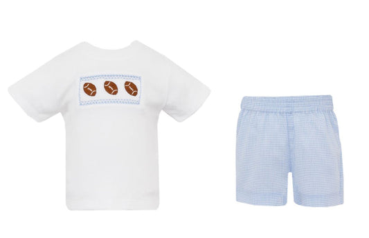 Smocked Footballs Shirt w/Blue Gingham Short Set