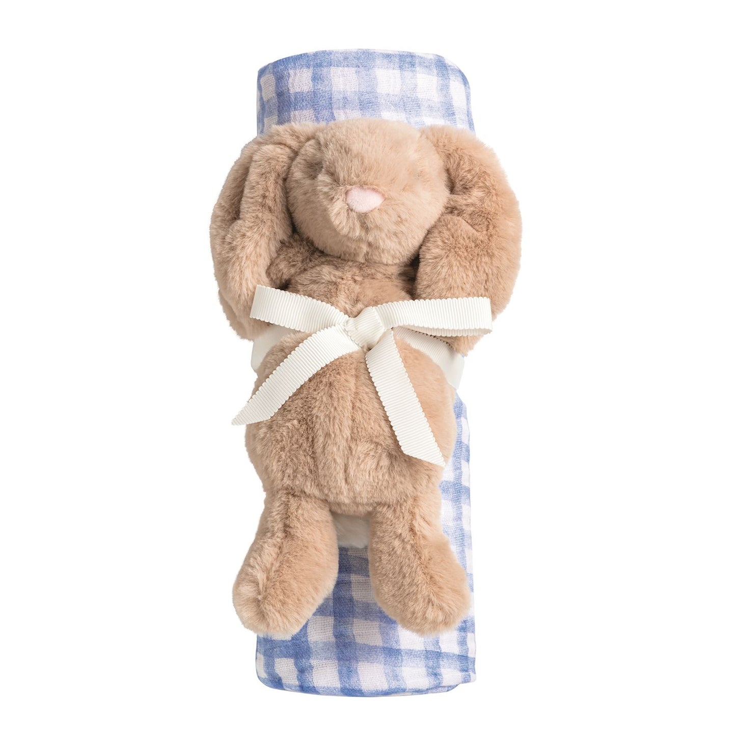 Blue Check Swaddle & Rattle Set
