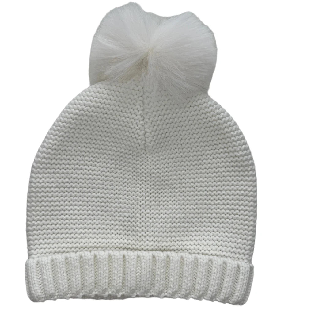 Faux Fur Pompom Knit Hat Cream