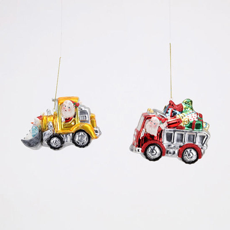 Santa Bulldozer & Dump Truck Orn, 2 Asst, Glass, 5