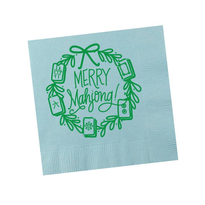 Merry Mahjong Napkins - Light Blue with Green Matte Foil (25 per package)