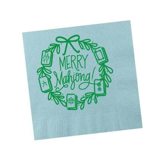 Merry Mahjong Napkins - Light Blue with Green Matte Foil (25 per package)