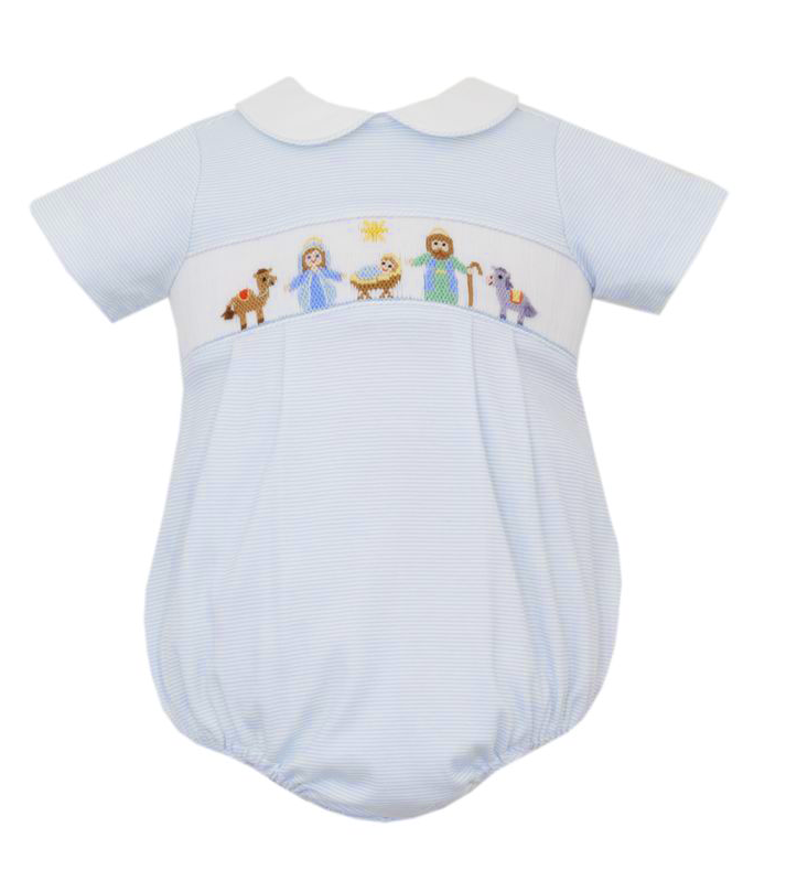 Knits Boys Blue Striped Smocked Nativity Scene Bubble