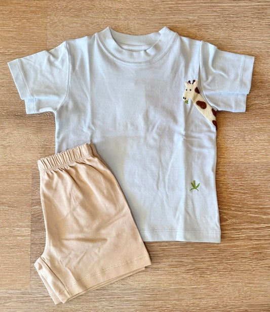 Blue Giraffe T-Shirt & Tan Stripe Short Set