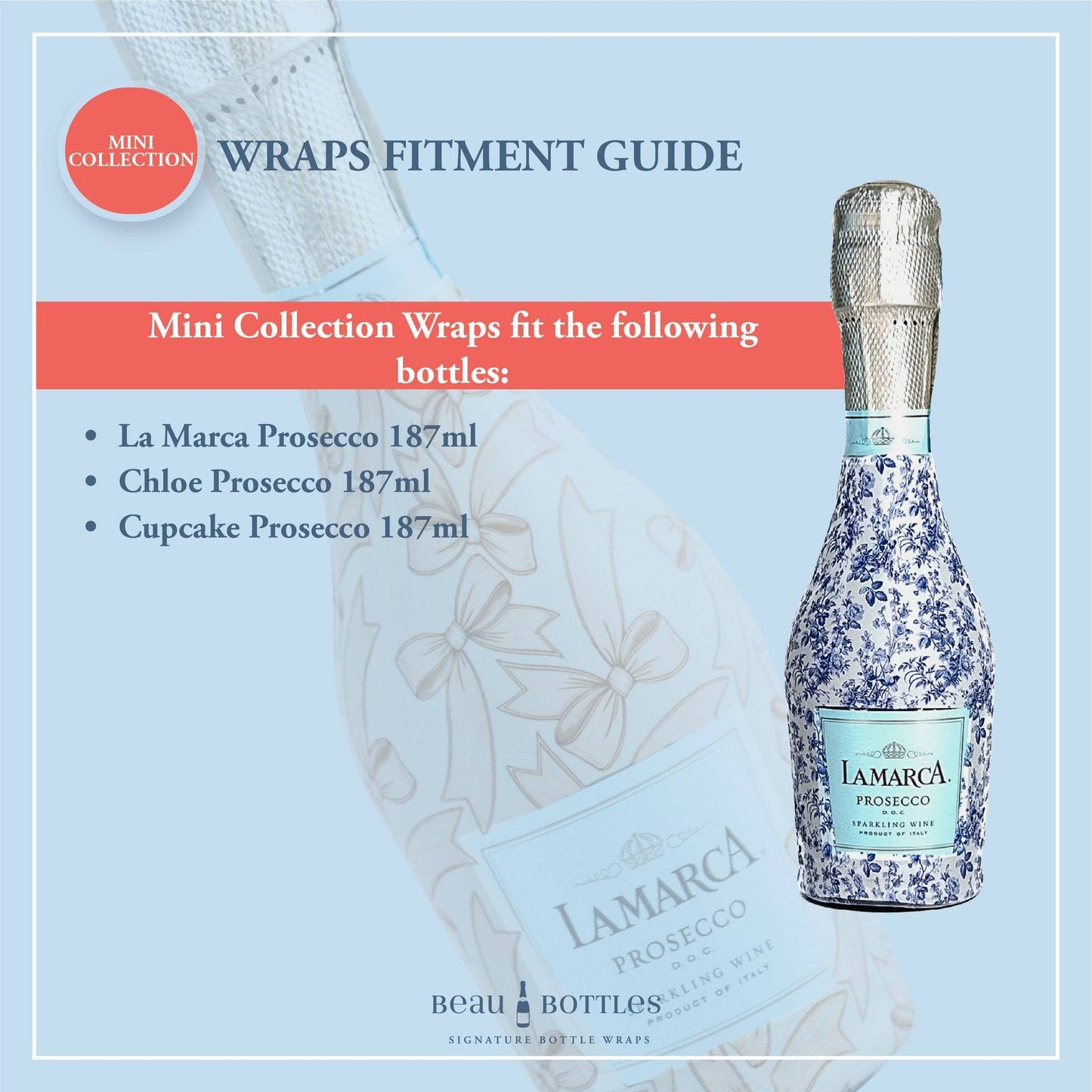 Beau Bottles Blue Bows - MINI Prosecco Collection - Set of Six Wraps
