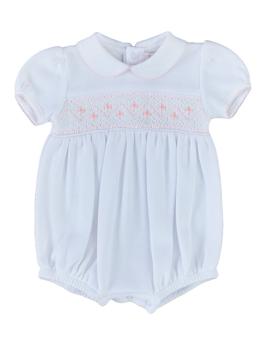 Girls White Hand Smocked Bubble