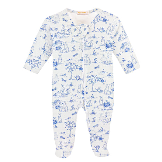 Blue Toile Bunnies Zipped Footie