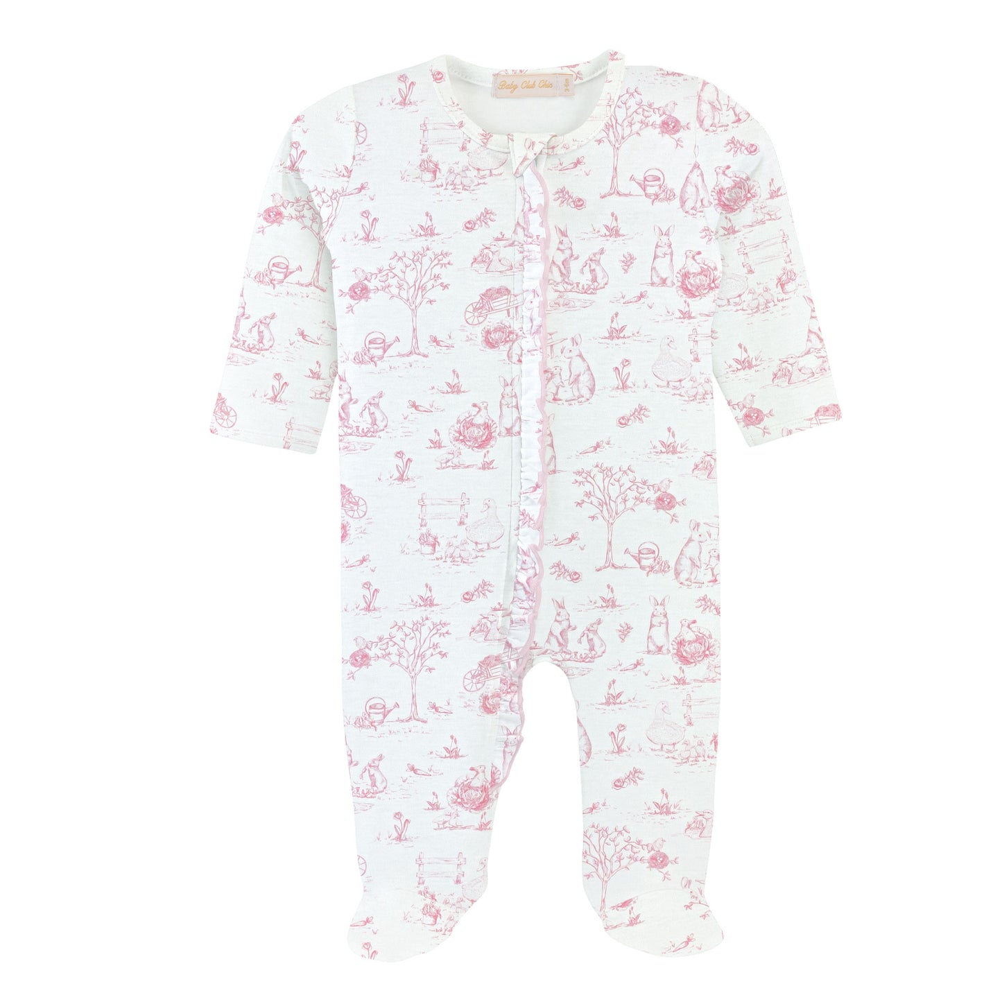 Pink Toile Bunnies Zipper Footie W/Ruffles